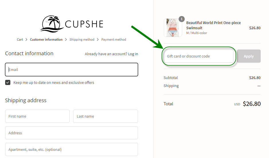 Comment utiliser le code promo Cupshe?