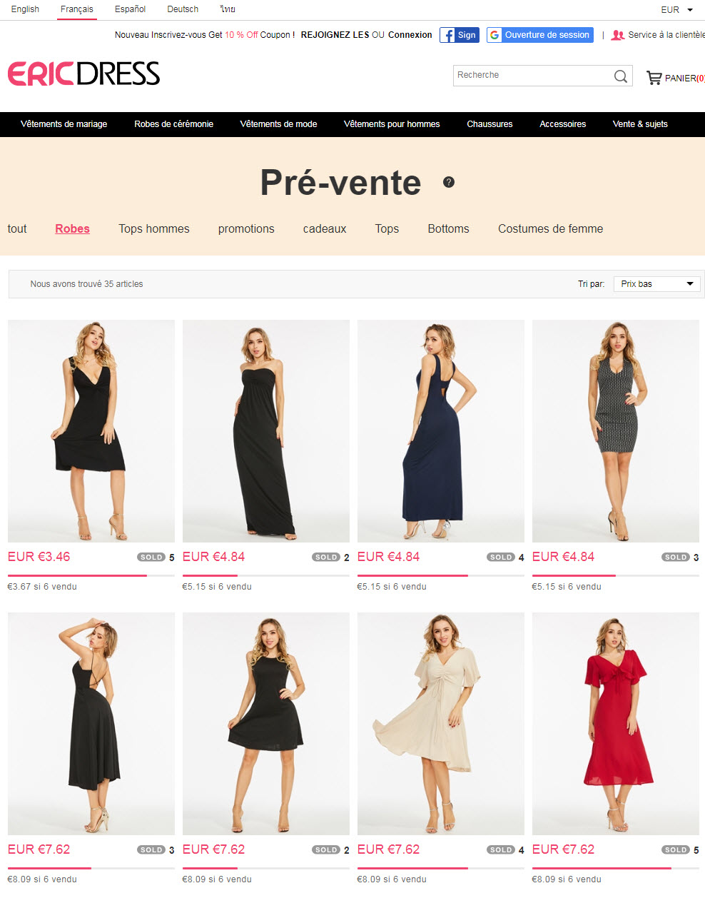 La page de promotion prévente chez EricDress